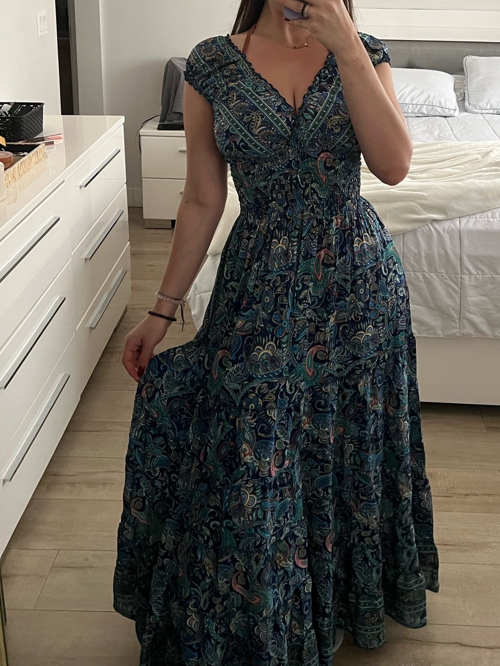 Bohemian Teal Paisley Maxi Dress - V-Neck, Cap Sleeves